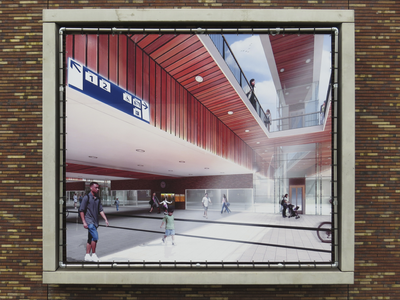 906529 Afbeelding van een 'artist impression' van het nieuwe N.S.-station Utrecht Vaartsche Rijn, op de kademuur langs ...